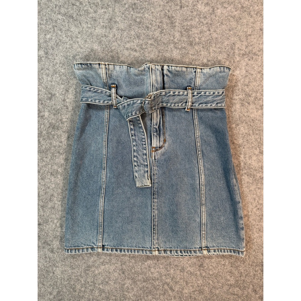 IRO Paris Denim Mini Skirt Light Wash Blue Paperbag Waist Belted Size 36 Womens